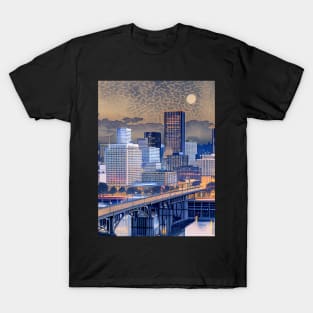 Portland Oregon Spring: Full Moon Spring Scene in Downtown Portland, Oregon on a Dark Background T-Shirt